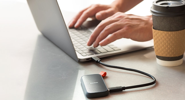 Portable SSD plugged into a laptop 