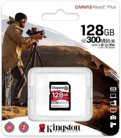 Kingston Canvas React Plus 128GB SD Card | SDXC UHS-II | 300R/260W U3 V90 | Full HD/4K/8K | SDR2/128GB
